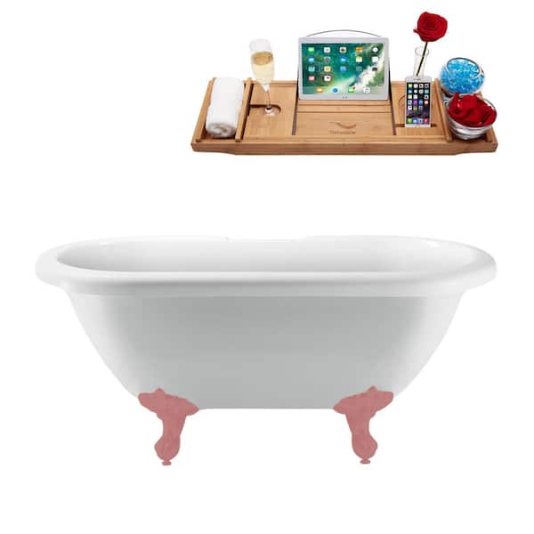 Streamline 67 in. x 29.1 in. Acrylic Clawfoot Soaking Bathtub in Glossy White with Matte Pink Clawfeet and Matte Pink Drain