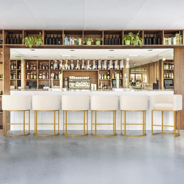 LUE BONA 26 in.Beige and Gold Low Back Bar Stool with Metal Frame Counter Height Linen Upholstered Counter Stool Set of 6