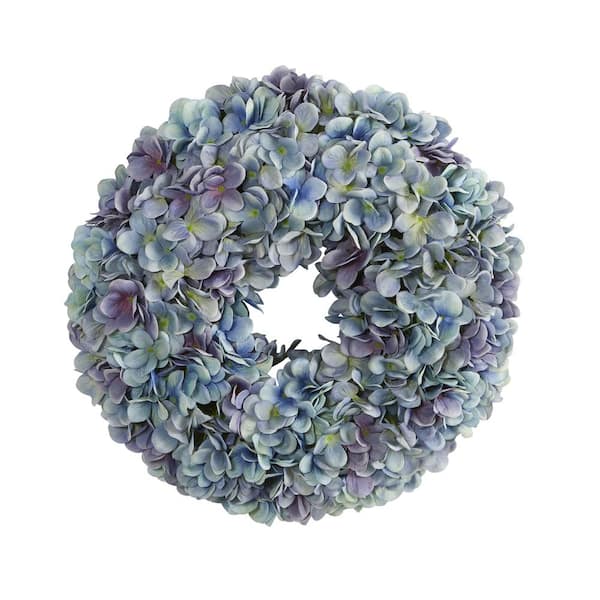Nearly Natural 16 in. Blue Hydrangea Artificial Wreath