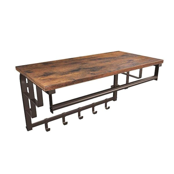 Benjara Brown and Black Metal Framed Wall Mounted Coat Rack with One Storage Shelf