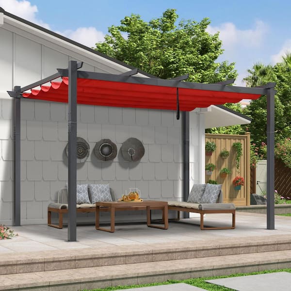 9.5 ft. W x 13 ft. D Modern Gray Aluminum Against The Wall Design Pergola with Red Adjustable Sunshade Canopy for Deck