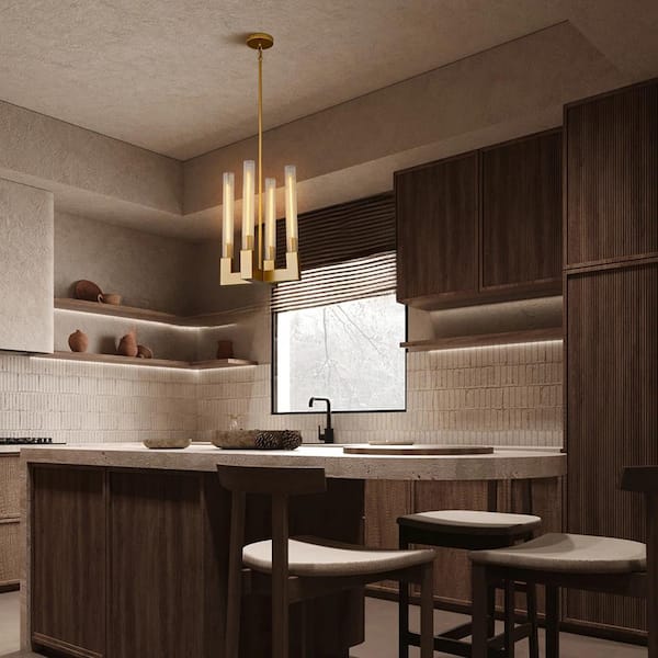 Luxury Pendant Light 12.6 in. 4-Light Gold Modern Candle Style Chandelier with Glass Tube Dinning Room Kitchen Island