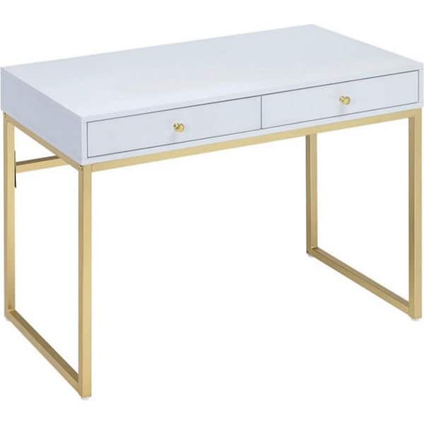 Benjara 19 in. W White and Gold 2-Drawer Wooden Writing Desk with Sled Base