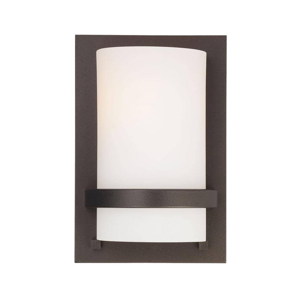 Smoked Iron and Etched Opal Glass Cylinder Wall Sconce