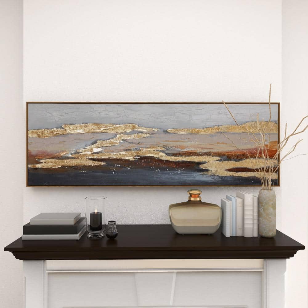 59" x 20" Gold and Beige Abstract Acrylic Landscape Painting on Canvas