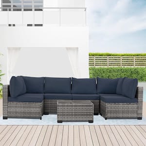 7 Pieces Brown Wicker Patio Conversation Set Sofa set with Blue Cushions, 1 Coffee Table