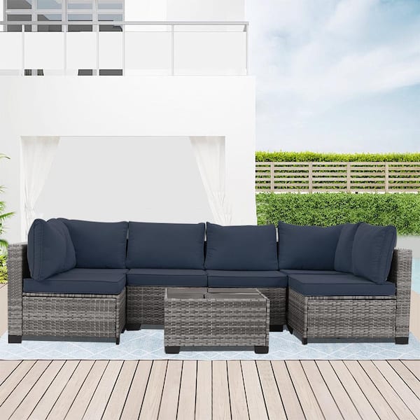 7 Pieces Brown Wicker Patio Conversation Set Sofa set with Blue Cushions, 1 Coffee Table