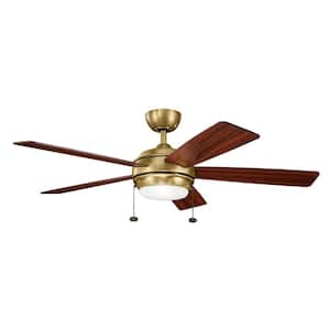 Starkk 52 in. Integrated LED Indoor Natural Brass Downrod Mount Ceiling Fan with Light Kit and Pull Chain