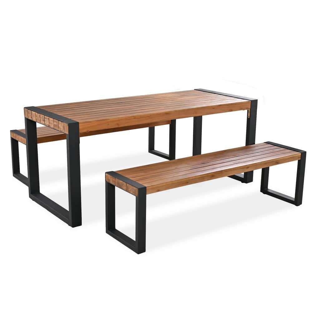3-pieces Outdoor Dining Table With 2 Benches & Unique Top Texture, Acacia Wood Top & Steel Frame, Natural price history on PriceWatchPro