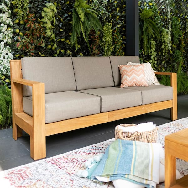 Cambridge Casual Logan Teak Outdoor Couch Patio Sofa with Sunbrella Cast Shale Cushion