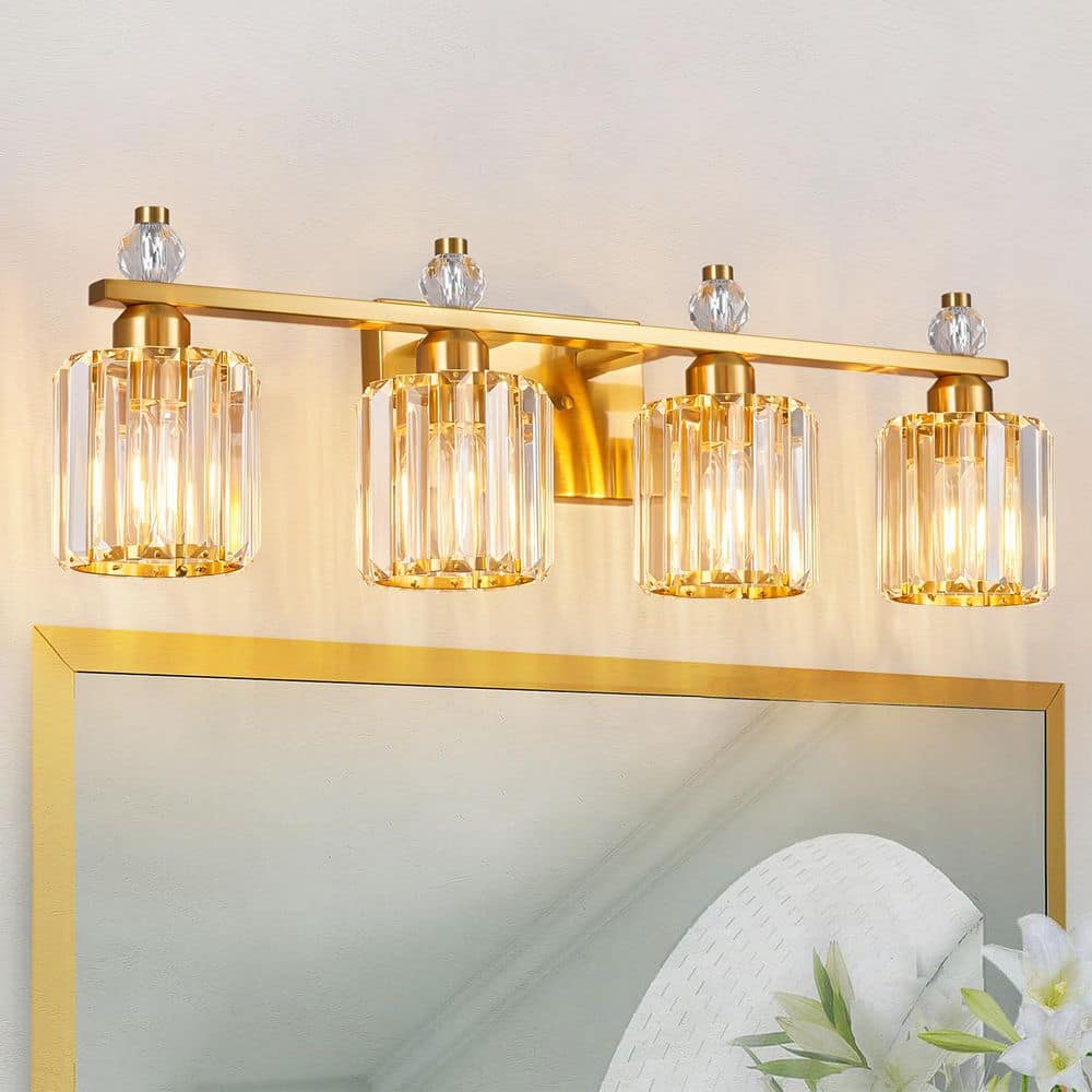 Home Lighting 28.34 in. 4-Light Gold Round Modern Crystal Vanity Light Fixtures Over Mirror For Bathroom (JW-291) price history on PriceWatchPro