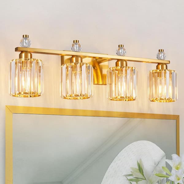 Home Lighting 28.34 in. 4-Light Gold Round Modern Crystal Vanity Light Fixtures Over Mirror For Bathroom (JW-291)