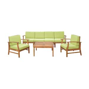 Giancarlo Teak Finish 7-Piece Wood Outdoor Patio Sofa and Club Chair Conversation Set with Green Cushions