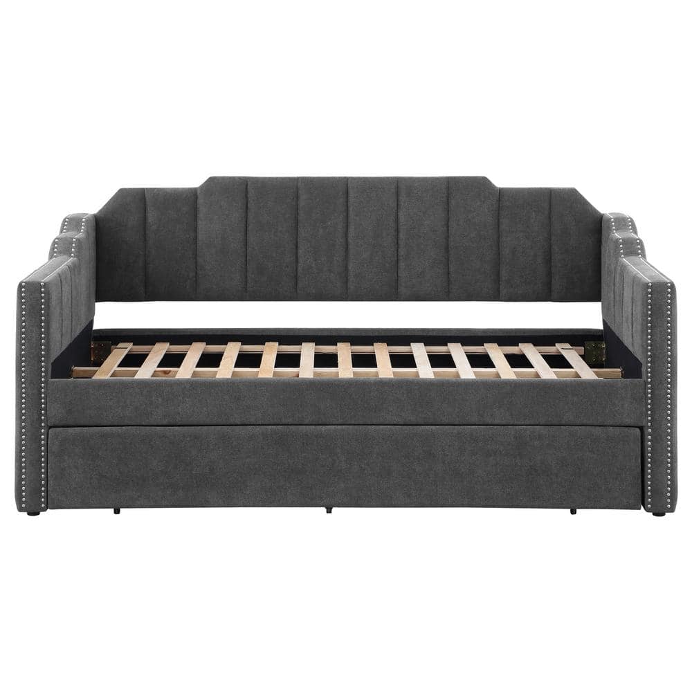 Gray Velvet Twin Daybed with Trundle and Nailhead Trim