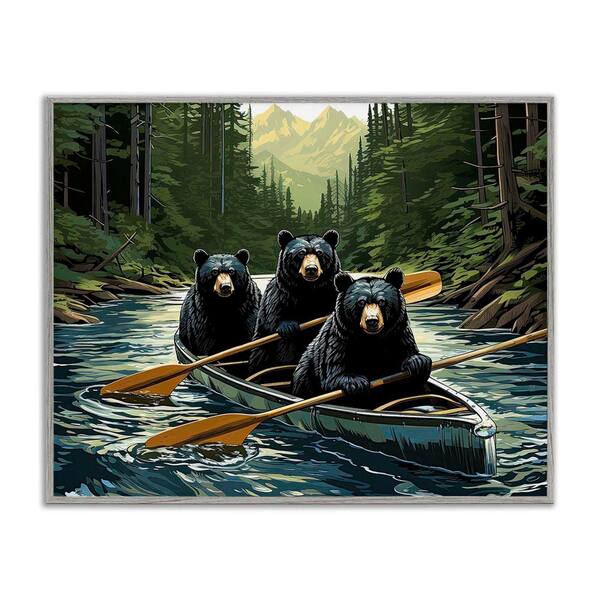Woodland Canoeing Bears by Jim Baldwin Gray Framed Giclee Art Print Animal 11 in. x 14 in.