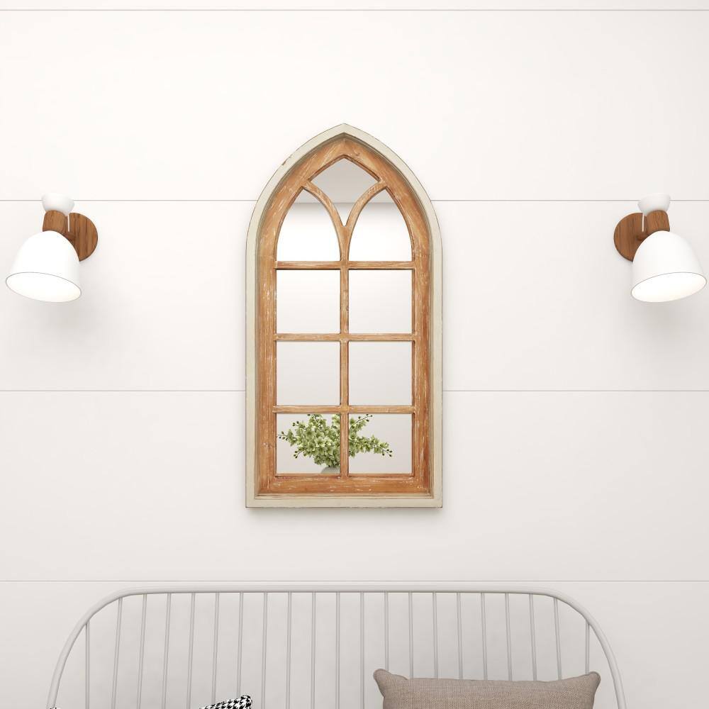 Brown Distressed Wood Arched Window Pane Wall Mirror