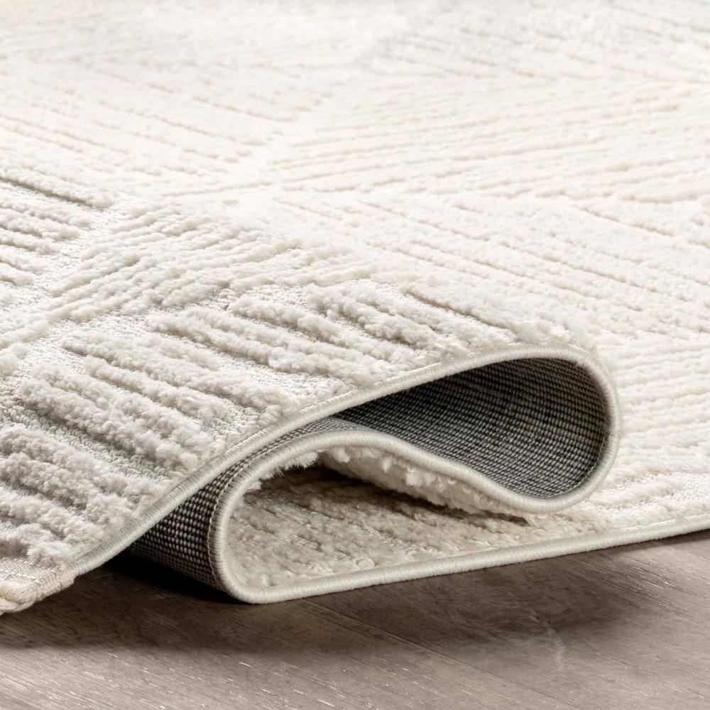 Cream Geometric Textured Synthetic Area Rug with Tassels, 7x9