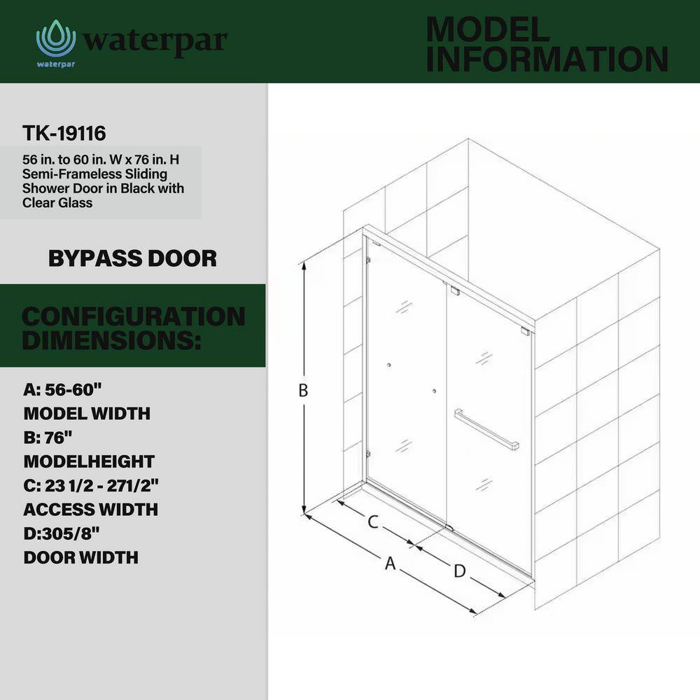 60'' Matte Black Double Sliding Frameless Shower Door with Clear Glass