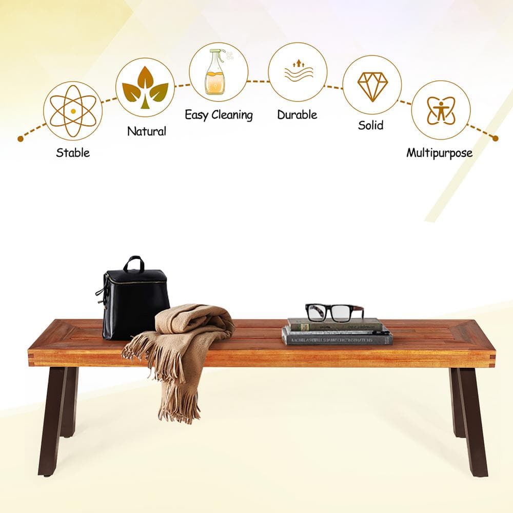 Rustic Acacia Wood and Black Steel 59" Outdoor Bench