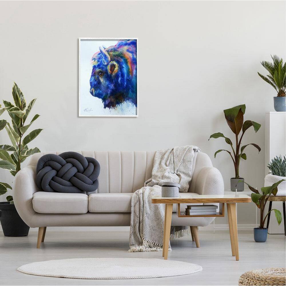 Vibrant Blue Bison Painting with White Frame, 24 x 30