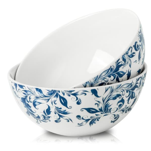 Set of 2 Large Ceramic Soup Bowls 42 oz Blue and White Floral Design 8 in Diameter Stackable Serving