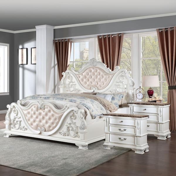 Florince 3-Piece Pearl White King Wood Bedroom Set With 2 Marble Top Nightstands