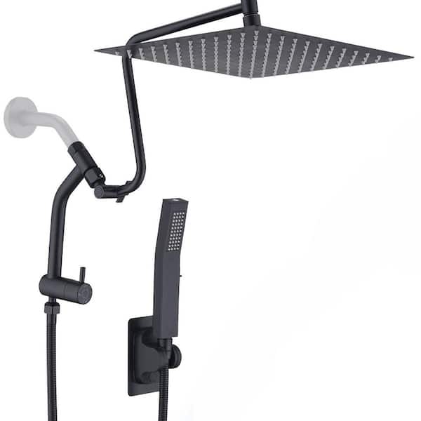 Pdpbath 1-Spray Wall Mount 12 in. Dual Shower Head with Z-Shaped Extension Arm and Handheld Shower Head 2.5 GPM in Matte Black