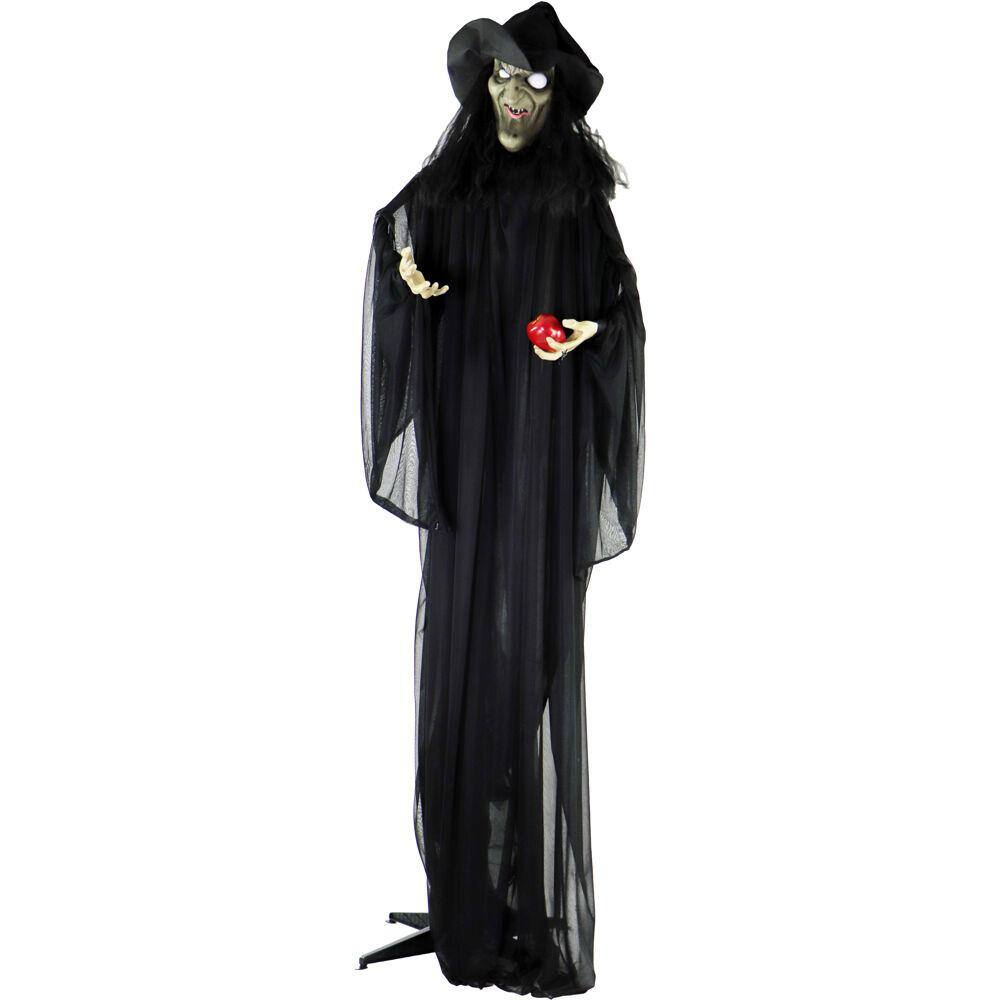 Life-Size Black Polyester Witch Animatronic with Red Apple