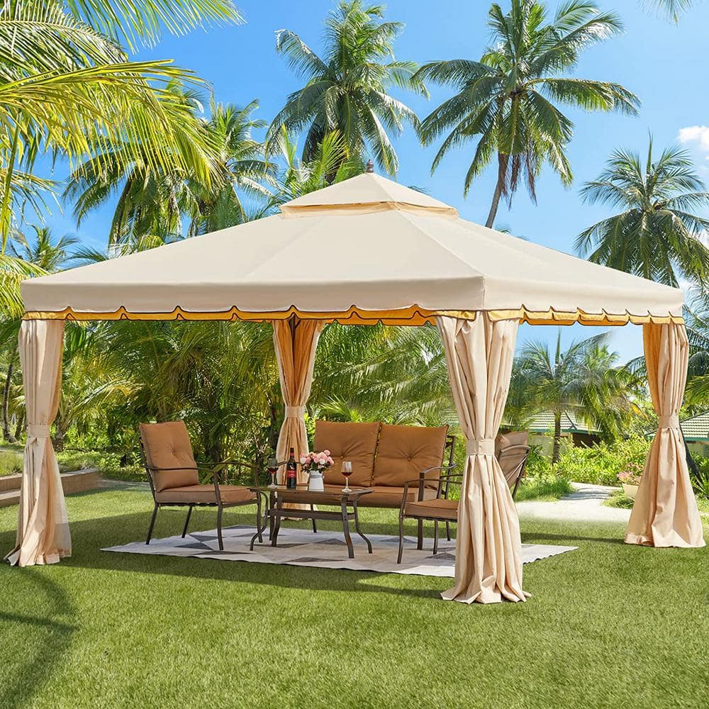 EROMMY 12 ft. x 12 ft. Beige Outdoor Canopy Gazebo Double Roof Patio ...