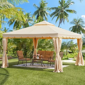 12 ft. x 12 ft. Beige Outdoor Canopy Gazebo Double Roof Patio Gazebo with Netting and Shade Curtains