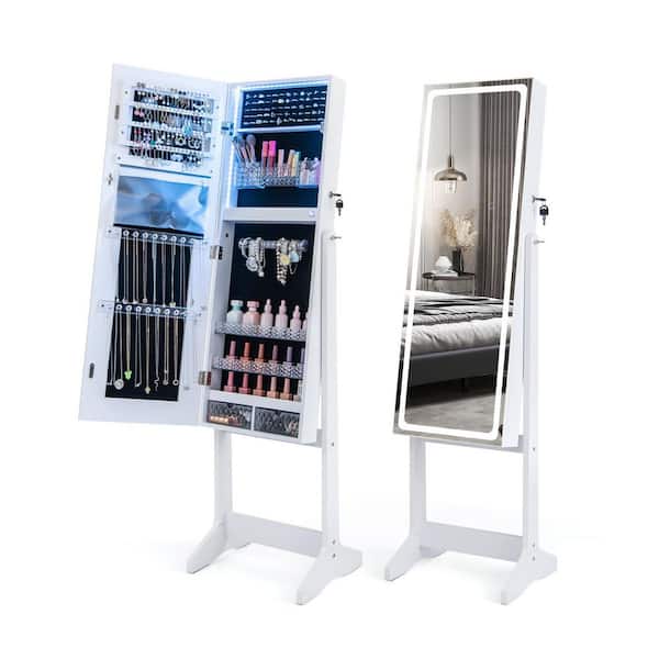 16 in. x 59.5 in. White Freestanding Jewelry Armoire with Full-Length Mirror and Lights