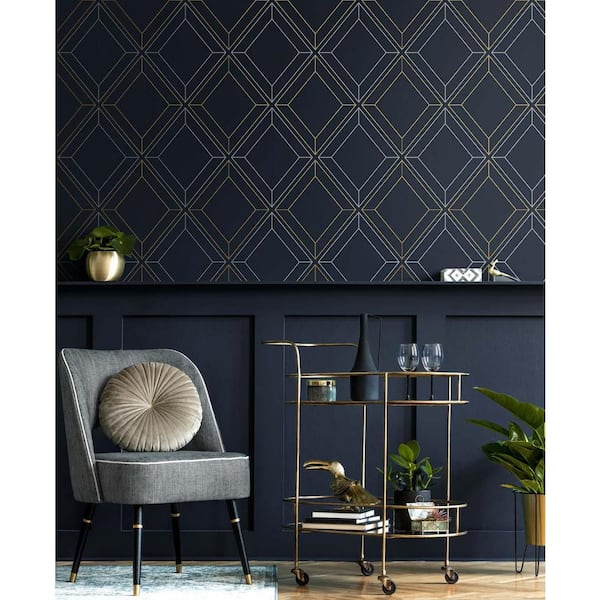 Midnight Blue and Metallic Gold Linework Gem Unpasted Nonwoven Paper Wallpaper Roll 57.5 sq. ft.