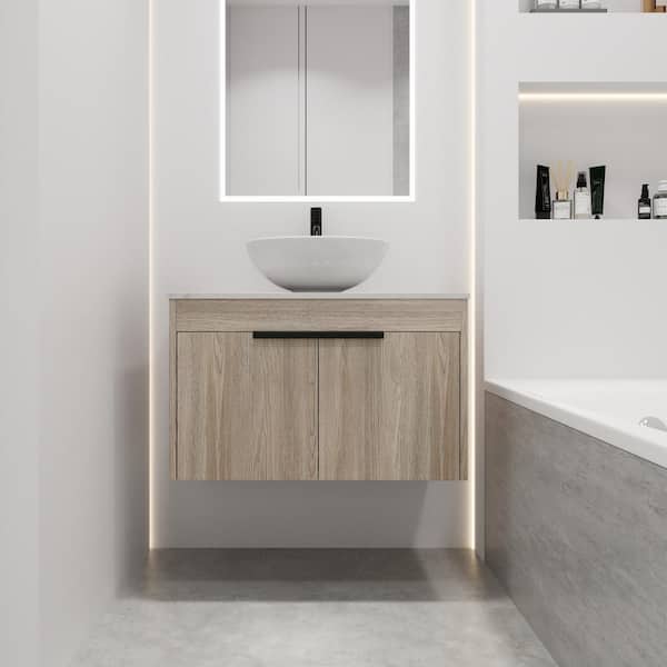 Unbranded 30 in. W x 19 in. D x 24 in. H Single Sink Floating Bath Vanity in White Oak with White Ceramic Top
