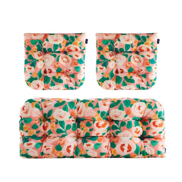 3-Piece Outdoor Chair Cushions Loveseats Outdoor Cushions Set Floral for Patio Furniture in Oil Painting Pink H4" X W19"
