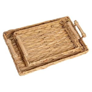 Handwoven Wicker Rectangle Decorative Tray Set with Wood Handles, Natural (Set of 2)