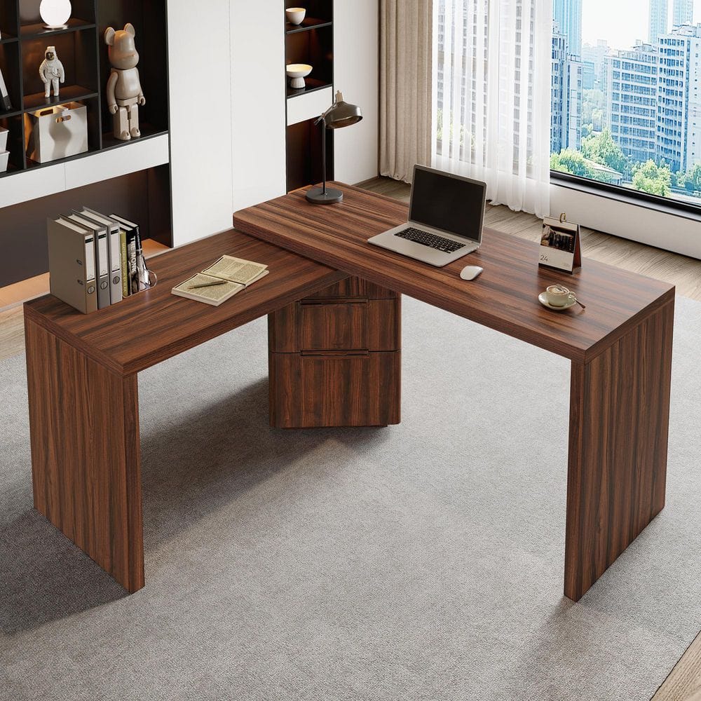 90 in. Walnut 3-Drawer L Shaped Computer Desk, 360° Wood Rotating Desk, Office Desk