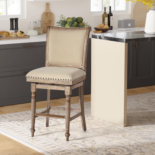JAYDEN CREATION Johannes 26.25 in. Natural Farmhouse Wood Swivel Bar Stool with Nailhead Trims