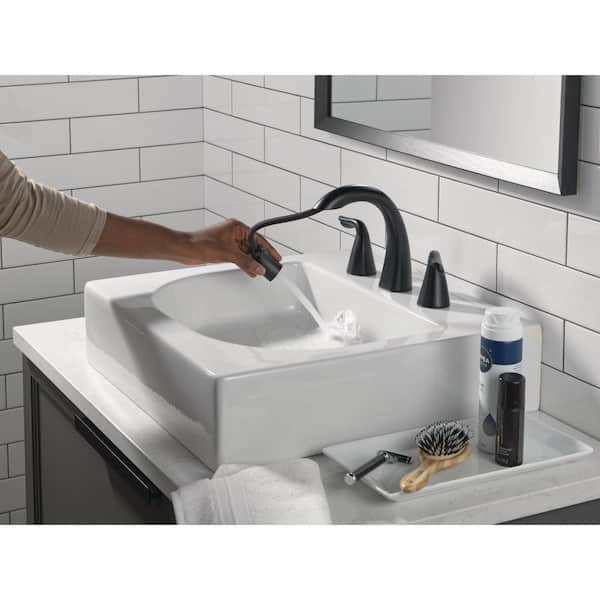 Arvo Pull-Down Spout 8 in. Widespread Double Handle Bathroom Faucet Drain Included in Matte Black
