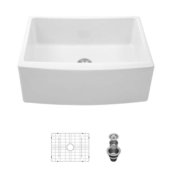 24 in. Farmhouse Apron Front Single Bowl Round Corner White Ceramic Kitchen Sink with Sink Grid and Basket Strainer