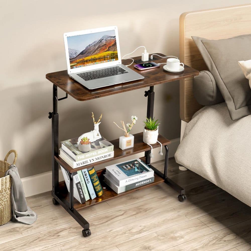 Rolling and Height Adjustable 31.5 in. Rectangle Brown Metal Wood Computer Desk Laptop Table with 2 USB Ports price history on PriceWatchPro