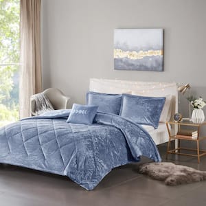 Isabel 3-Piece Blue Microfiber Twin/Twin XL Soft Velvet Lustrous Comforter Set with Throw Pillow
