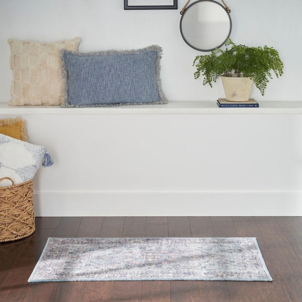 57 Grand Machine Washablee doormat Light Grey/Blue 2 ft. x 4 ft. Bordered Traditional Kitchen Area Rug