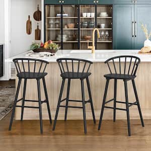 Winson Windsor 30 in. Black Solid Wood Bar Stool for Kitchen Island Counter Stool with Spindle Back Set of 3
