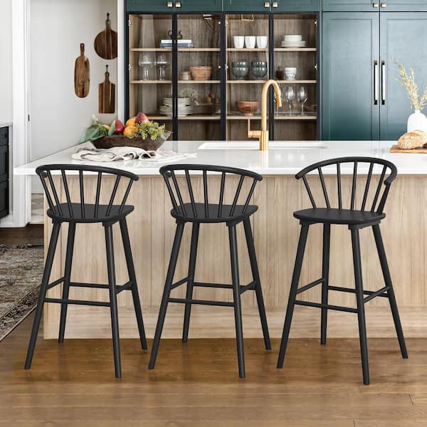 LUE BONA Winson Windsor 30 in. Black Solid Wood Bar Stool for Kitchen Island Counter Stool with Spindle Back Set of 3