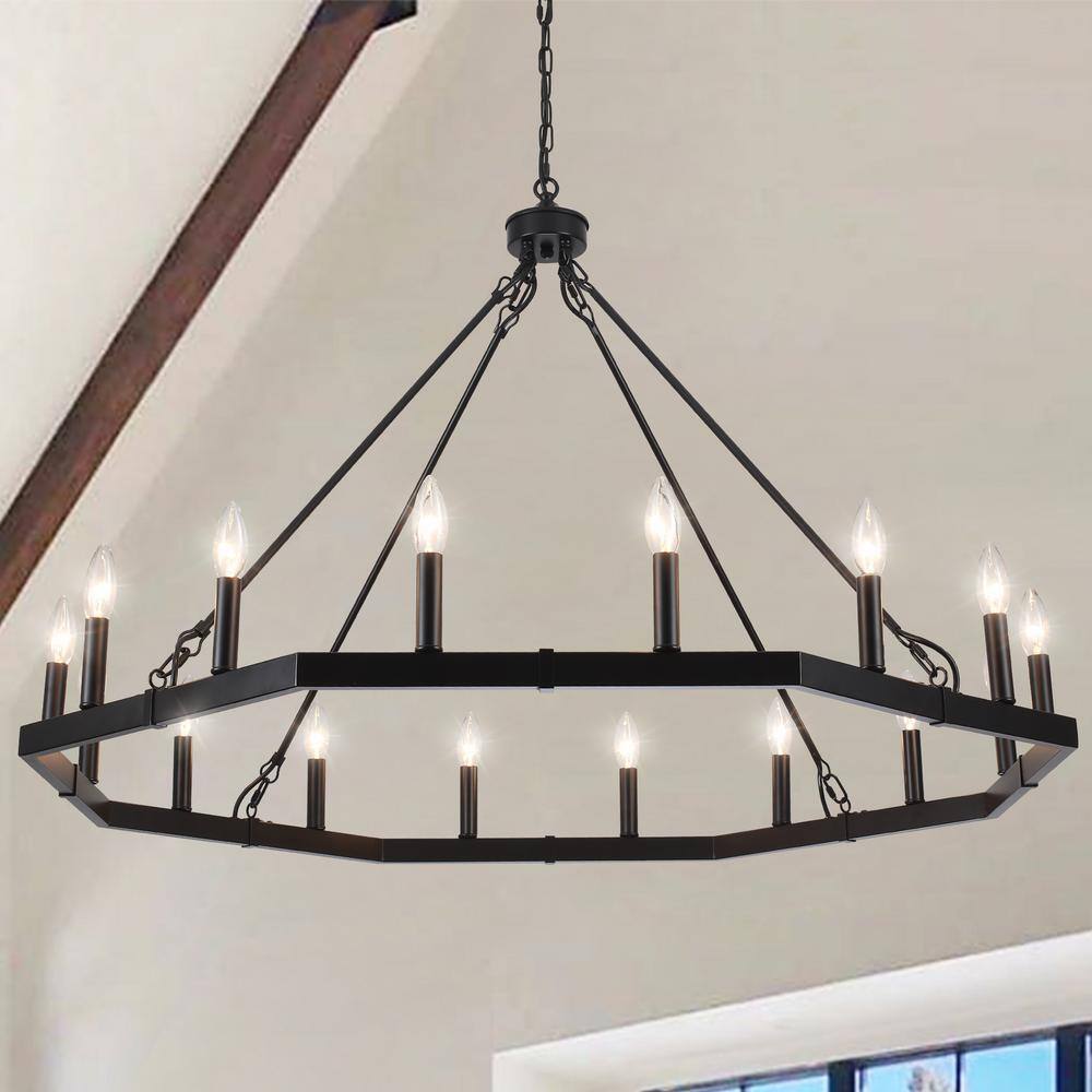 Black Metal 43-Inch Wagon Wheel Candle Chandelier