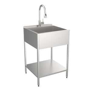 15 Gal. 22.1 in. D x 24 in. W Freestanding Laundry Sink with Cabinet in Brushed Satin with Faucet