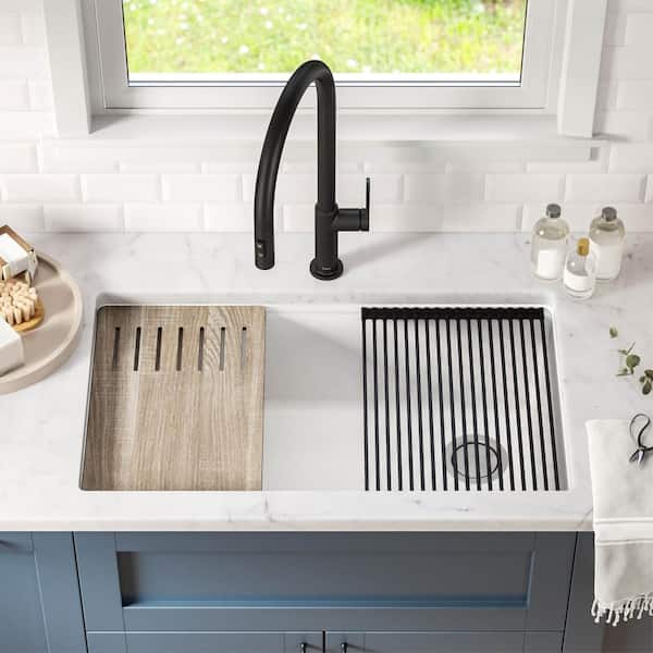 Bellucci White Granite Composite 32 in. Single Bowl Undermount Workstation Kitchen Sink with WasteGuard Garbage Disposal