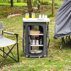 Grey Portable Outdoor Camping Storage Cabinet Folding Organizer Kitchen Table W/3-Shelves and Carry Bag For BBQ 35 in. H