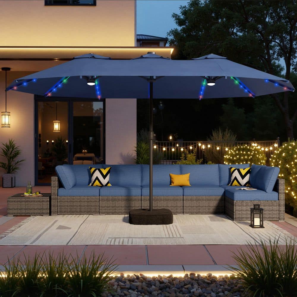 Holly Gray 8-Piece Wicker Patio Conversation Set with Denim Blue Cushions and Patio Umbrella in Dark Blue price history on PriceWatchPro
