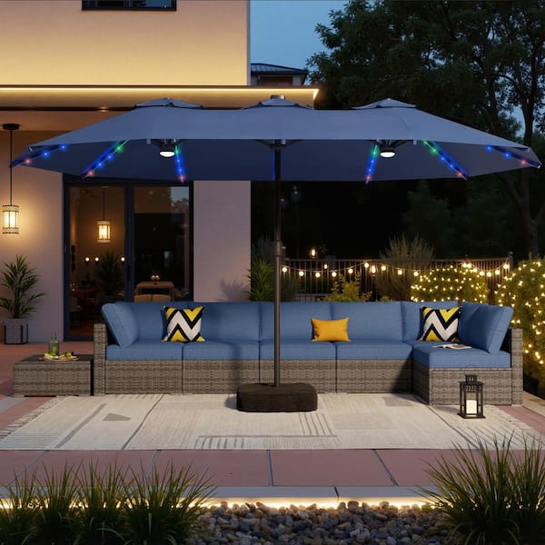denim patio umbrella OVIOS Holly Gray 8-Piece Wicker Patio Conversation Set with Denim Blue Cushions and Patio Umbrella in Dark Blue